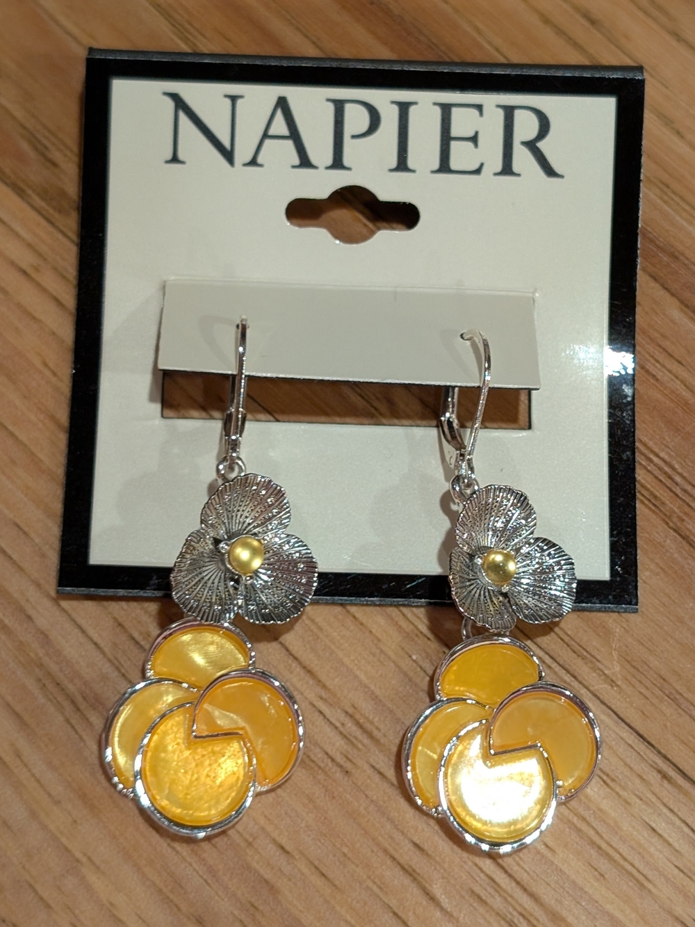 Napier Silver-Tone Earrings with Yellow Enamel Floral Drops